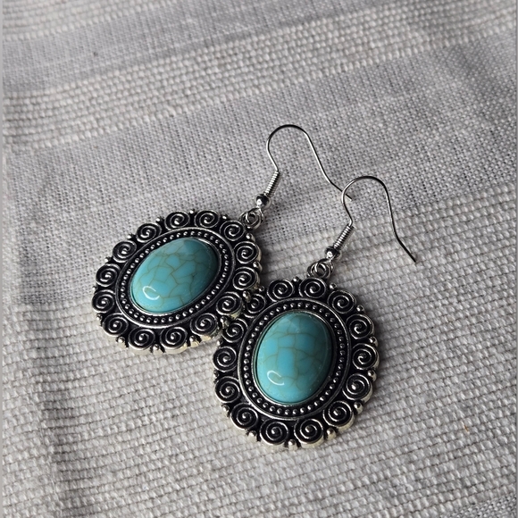 Turquoise and Silver Swirl Earrings - Picture 3 of 5